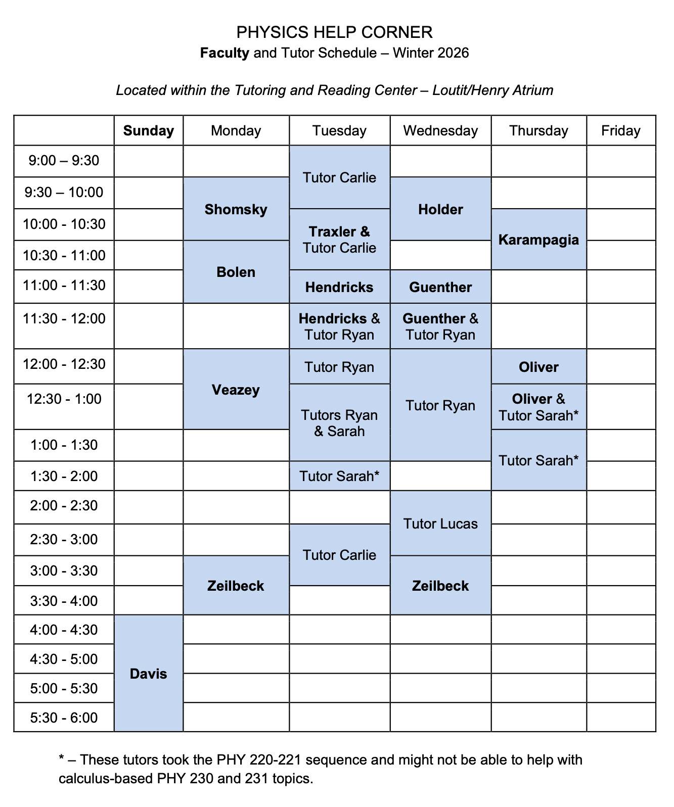 W2026 weekly schedule for the Physics Help Corner